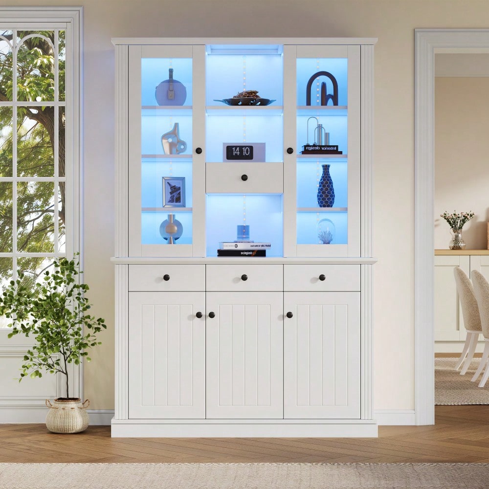 LED Vitrinenschrank 120x40x180 cm mit 16-Farben-Beleuchtung | Großschrank mit 4 Schubladen, 5 Türen & 21 Ablagefächern | Standvitrine aus MDF für Wohnzimmer