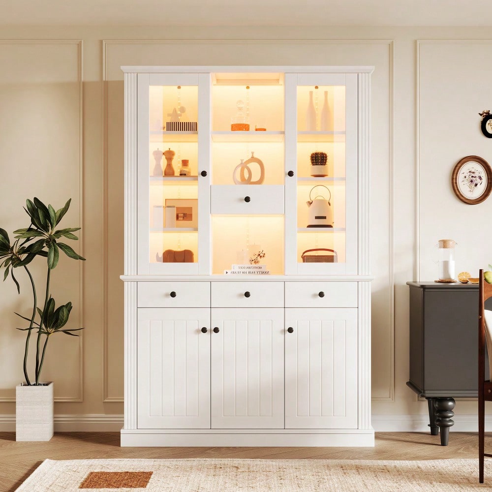 LED Vitrinenschrank 120x40x180 cm mit 16-Farben-Beleuchtung | Großschrank mit 4 Schubladen, 5 Türen & 21 Ablagefächern | Standvitrine aus MDF für Wohnzimmer