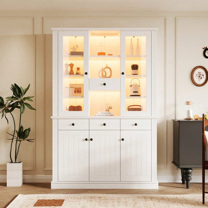 LED Vitrinenschrank 120x40x180 cm mit 16-Farben-Beleuchtung | Großschrank mit 4 Schubladen, 5 Türen & 21 Ablagefächern | Standvitrine aus MDF für Wohnzimmer