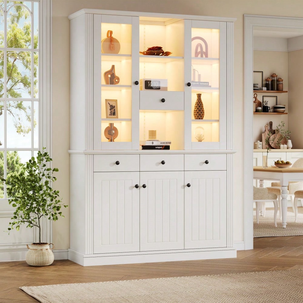 LED Vitrinenschrank 120x40x180 cm mit 16-Farben-Beleuchtung | Großschrank mit 4 Schubladen, 5 Türen & 21 Ablagefächern | Standvitrine aus MDF für Wohnzimmer