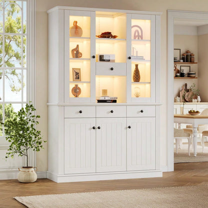 LED Vitrinenschrank 120x40x180 cm mit 16-Farben-Beleuchtung | Großschrank mit 4 Schubladen, 5 Türen & 21 Ablagefächern | Standvitrine aus MDF für Wohnzimmer