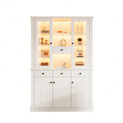 LED Vitrinenschrank 120x40x180 cm mit 16-Farben-Beleuchtung | Großschrank mit 4 Schubladen, 5 Türen & 21 Ablagefächern | Standvitrine aus MDF für Wohnzimmer