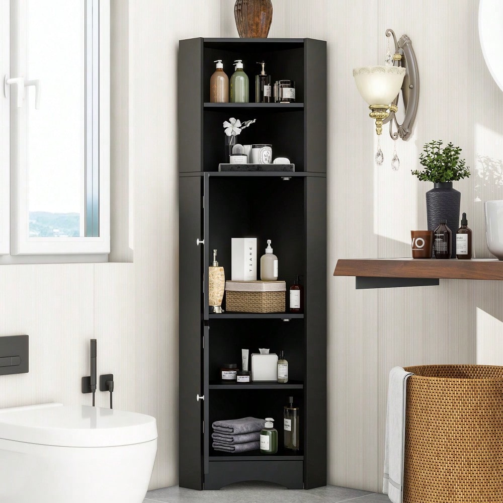 Badezimmer Eckschrank mit 2 Ablagefächern & höhenverstellbarem Einlegeboden, Badmöbel Aufbewahrungsschrank 36,5x36,5x155 cm, schwarz
