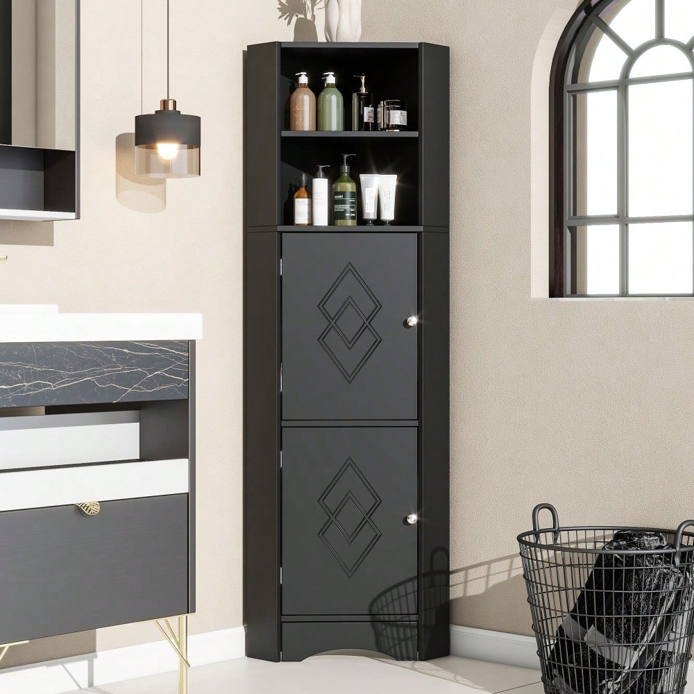 Badezimmer Eckschrank mit 2 Ablagefächern & höhenverstellbarem Einlegeboden, Badmöbel Aufbewahrungsschrank 36,5x36,5x155 cm, schwarz