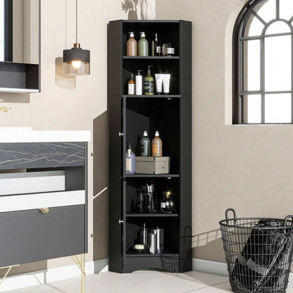 Badezimmer Eckschrank mit 2 Ablagefächern & höhenverstellbarem Einlegeboden, Badmöbel Aufbewahrungsschrank 36,5x36,5x155 cm, schwarz