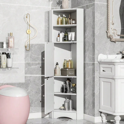 Badezimmer Eckschrank mit 2 Ablagefächern & höhenverstellbarem Einlegeboden, Badmöbel Aufbewahrungsschrank 36,5x36,5x155 cm, weiß