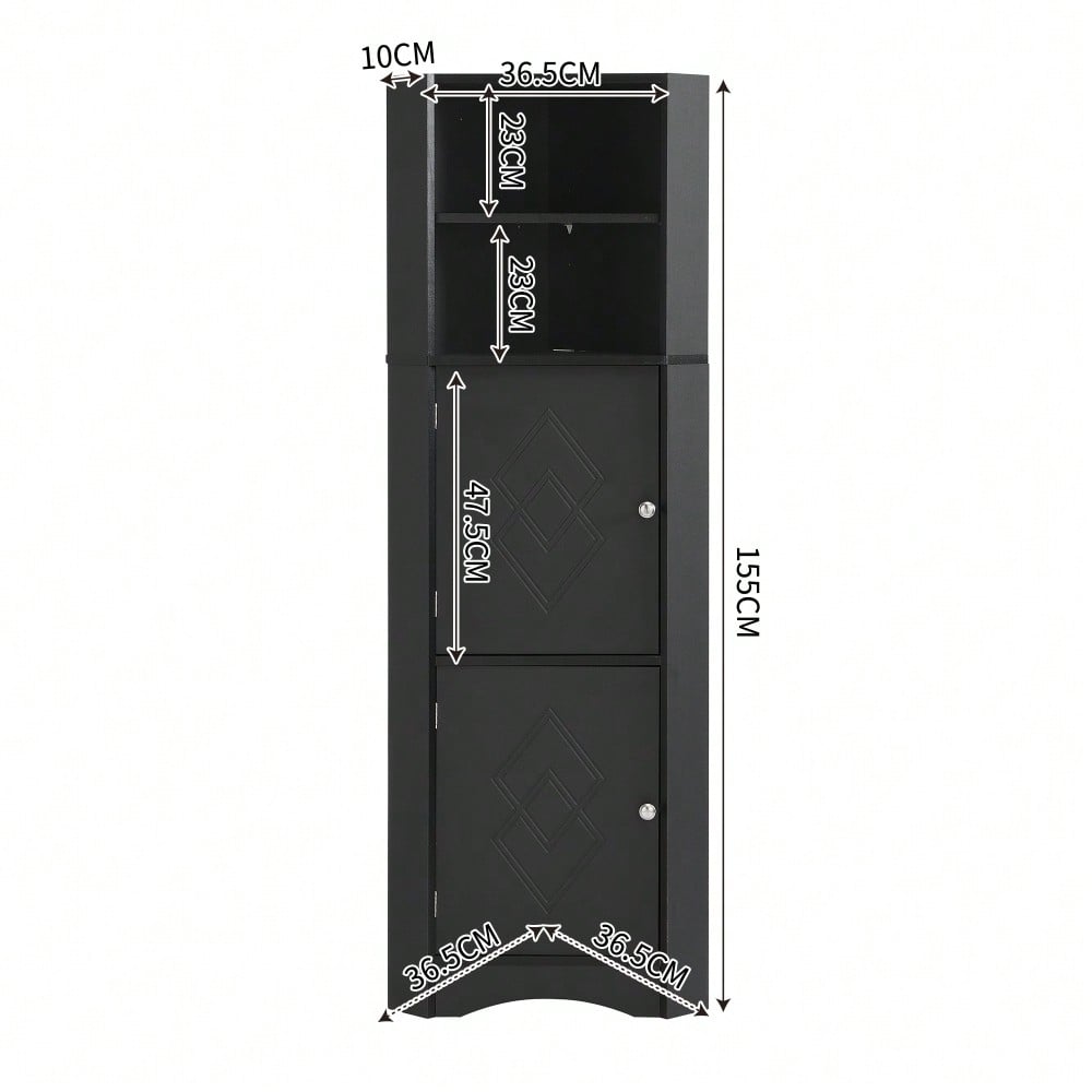 Badezimmer Eckschrank mit 2 Ablagefächern & höhenverstellbarem Einlegeboden, Badmöbel Aufbewahrungsschrank 36,5x36,5x155 cm, schwarz