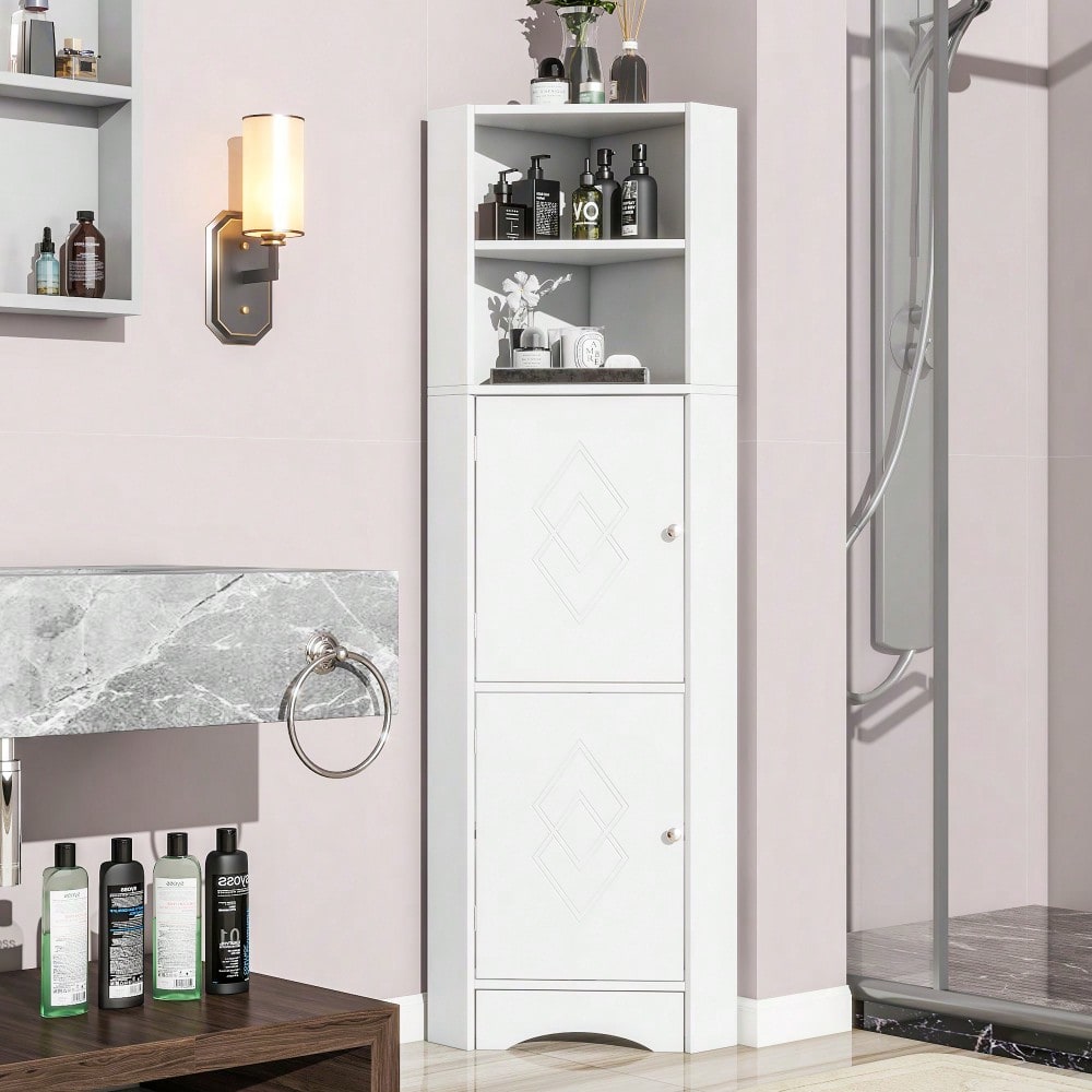 Badezimmer Eckschrank mit 2 Ablagefächern & höhenverstellbarem Einlegeboden, Badmöbel Aufbewahrungsschrank 36,5x36,5x155 cm, weiß