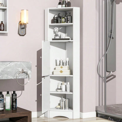 Badezimmer Eckschrank mit 2 Ablagefächern & höhenverstellbarem Einlegeboden, Badmöbel Aufbewahrungsschrank 36,5x36,5x155 cm, weiß