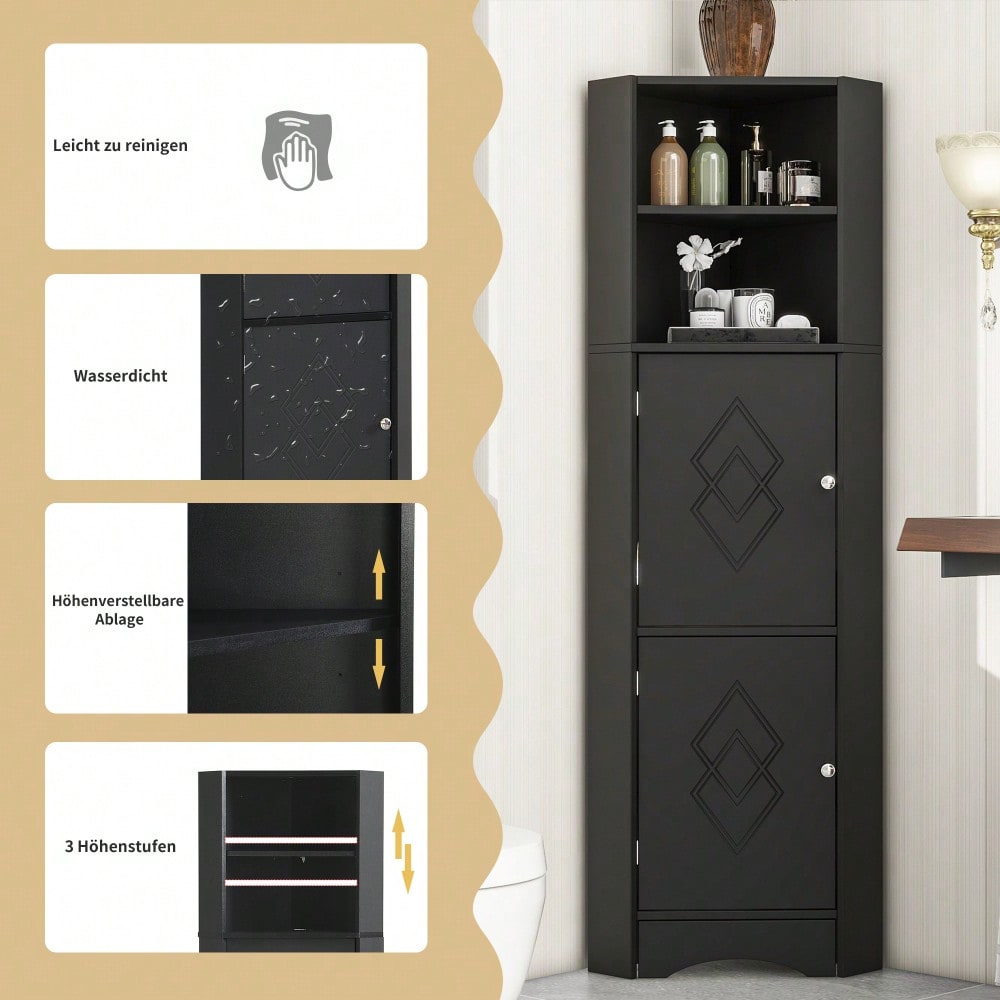Badezimmer Eckschrank mit 2 Ablagefächern & höhenverstellbarem Einlegeboden, Badmöbel Aufbewahrungsschrank 36,5x36,5x155 cm, schwarz