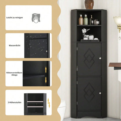 Badezimmer Eckschrank mit 2 Ablagefächern & höhenverstellbarem Einlegeboden, Badmöbel Aufbewahrungsschrank 36,5x36,5x155 cm, schwarz