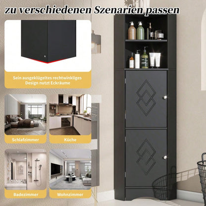 Badezimmer Eckschrank mit 2 Ablagefächern & höhenverstellbarem Einlegeboden, Badmöbel Aufbewahrungsschrank 36,5x36,5x155 cm, schwarz
