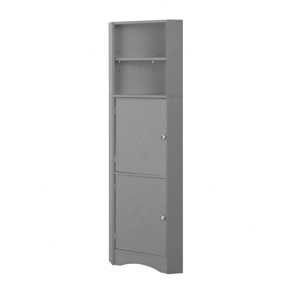 Badezimmer Eckschrank mit 2 Ablagefächern & höhenverstellbarem Einlegeboden, Badmöbel Aufbewahrungsschrank 36,5x36,5x155 cm, hellgrau