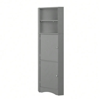 Badezimmer Eckschrank mit 2 Ablagefächern & höhenverstellbarem Einlegeboden, Badmöbel Aufbewahrungsschrank 36,5x36,5x155 cm, hellgrau