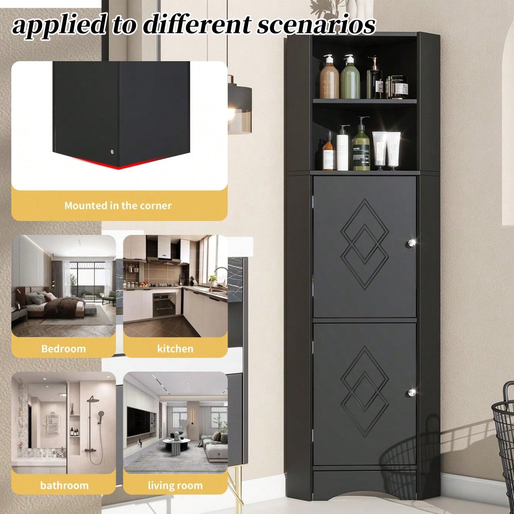 Badezimmer Eckschrank mit 2 Ablagefächern & höhenverstellbarem Einlegeboden, Badmöbel Aufbewahrungsschrank 36,5x36,5x155 cm, schwarz