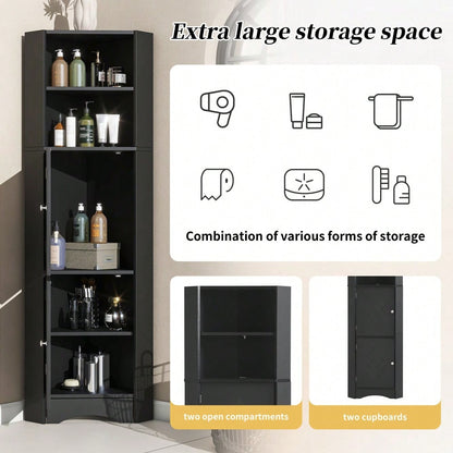Badezimmer Eckschrank mit 2 Ablagefächern & höhenverstellbarem Einlegeboden, Badmöbel Aufbewahrungsschrank 36,5x36,5x155 cm, schwarz