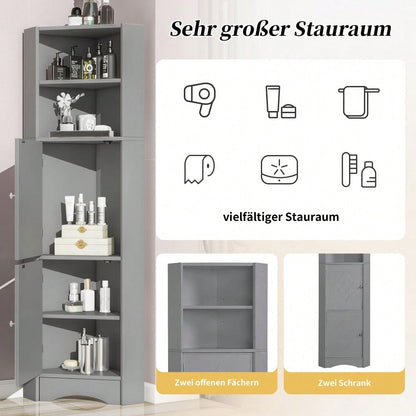 Badezimmer Eckschrank mit 2 Ablagefächern & höhenverstellbarem Einlegeboden, Badmöbel Aufbewahrungsschrank 36,5x36,5x155 cm, hellgrau