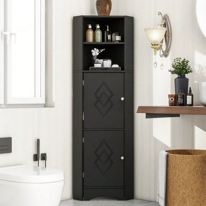 Badezimmer Eckschrank mit 2 Ablagefächern & höhenverstellbarem Einlegeboden, Badmöbel Aufbewahrungsschrank 36,5x36,5x155 cm, schwarz