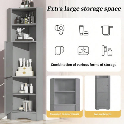Badezimmer Eckschrank mit 2 Ablagefächern & höhenverstellbarem Einlegeboden, Badmöbel Aufbewahrungsschrank 36,5x36,5x155 cm, hellgrau
