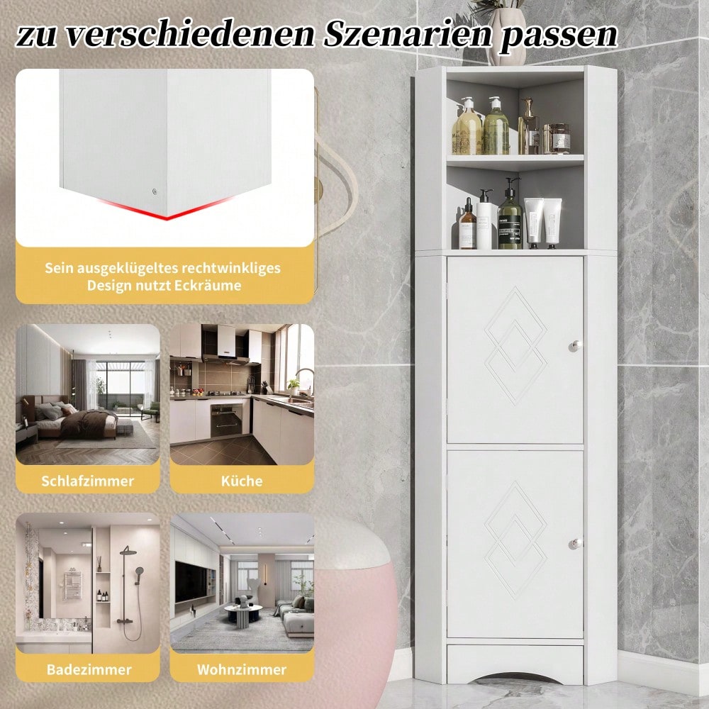 Badezimmer Eckschrank mit 2 Ablagefächern & höhenverstellbarem Einlegeboden, Badmöbel Aufbewahrungsschrank 36,5x36,5x155 cm, weiß