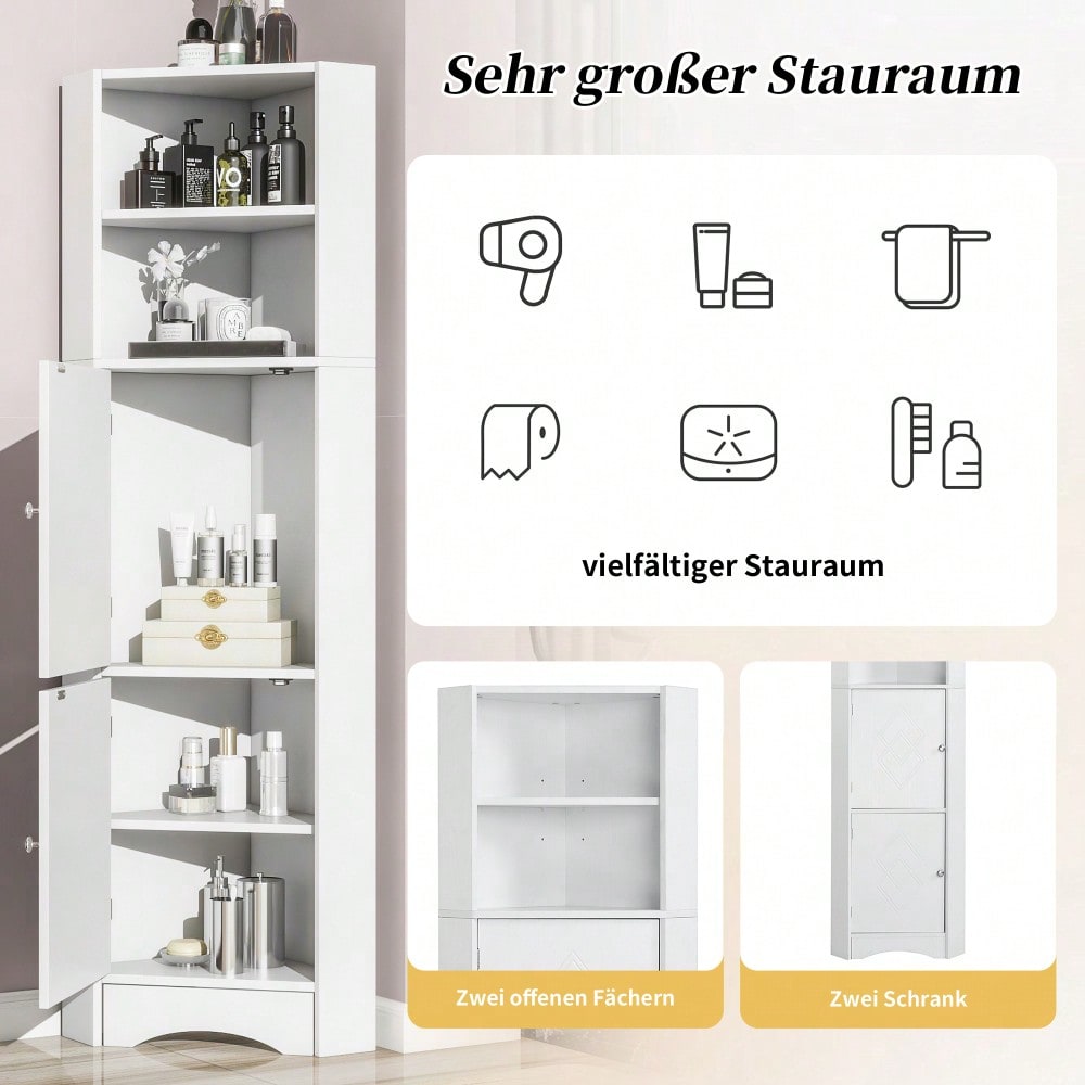 Badezimmer Eckschrank mit 2 Ablagefächern & höhenverstellbarem Einlegeboden, Badmöbel Aufbewahrungsschrank 36,5x36,5x155 cm, weiß