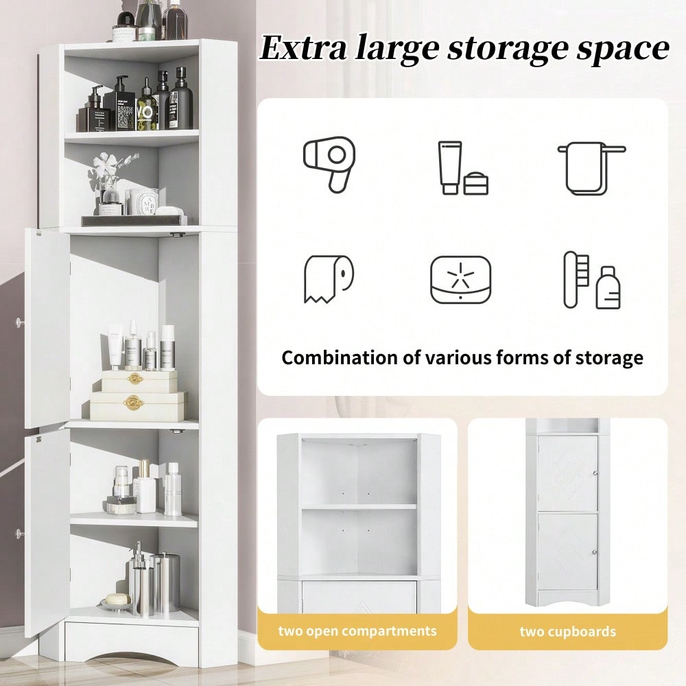 Badezimmer Eckschrank mit 2 Ablagefächern & höhenverstellbarem Einlegeboden, Badmöbel Aufbewahrungsschrank 36,5x36,5x155 cm, weiß