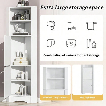 Badezimmer Eckschrank mit 2 Ablagefächern & höhenverstellbarem Einlegeboden, Badmöbel Aufbewahrungsschrank 36,5x36,5x155 cm, weiß