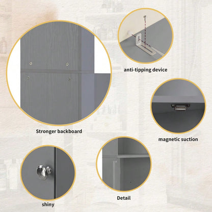 Badezimmer Eckschrank mit 2 Ablagefächern & höhenverstellbarem Einlegeboden, Badmöbel Aufbewahrungsschrank 36,5x36,5x155 cm, hellgrau