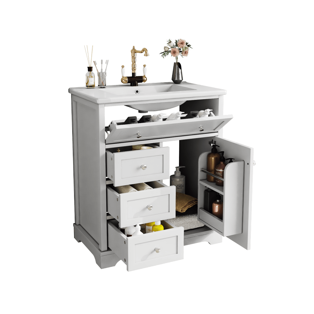 Badezimmer Standschrank mit Keramikwaschbecken, feuchtigkeitsbeständig & geräuscharm, 76x46x87 cm, weiß - inkl. Unterschrank & Klappschublade