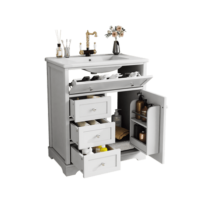 Badezimmer Standschrank mit Keramikwaschbecken, feuchtigkeitsbeständig & geräuscharm, 76x46x87 cm, weiß - inkl. Unterschrank & Klappschublade