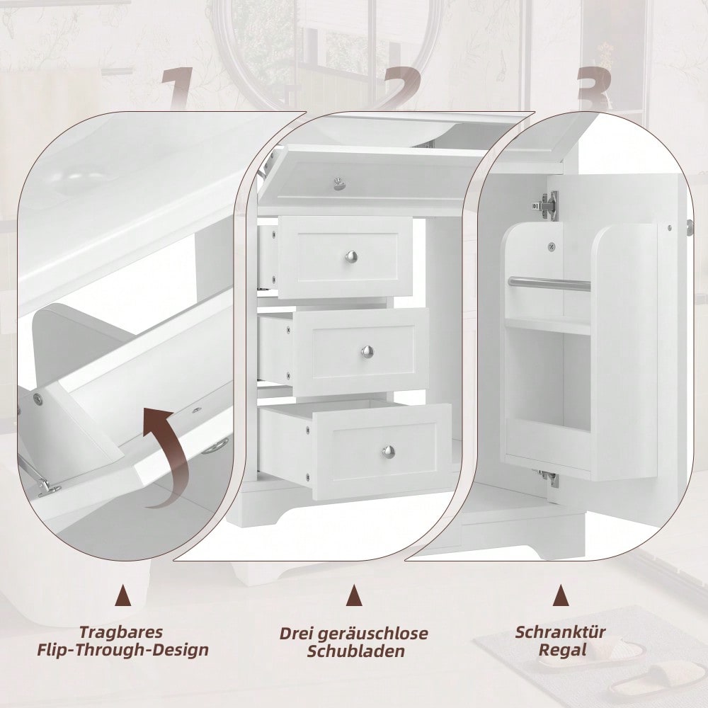 Badezimmer Standschrank mit Keramikwaschbecken, feuchtigkeitsbeständig & geräuscharm, 76x46x87 cm, weiß - inkl. Unterschrank & Klappschublade