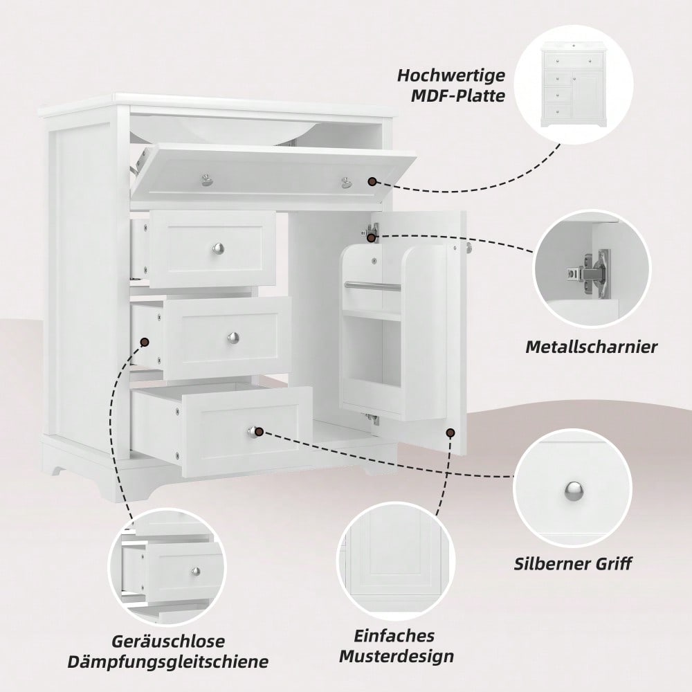 Badezimmer Standschrank mit Keramikwaschbecken, feuchtigkeitsbeständig & geräuscharm, 76x46x87 cm, weiß - inkl. Unterschrank & Klappschublade