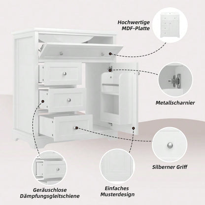Badezimmer Standschrank mit Keramikwaschbecken, feuchtigkeitsbeständig & geräuscharm, 76x46x87 cm, weiß - inkl. Unterschrank & Klappschublade