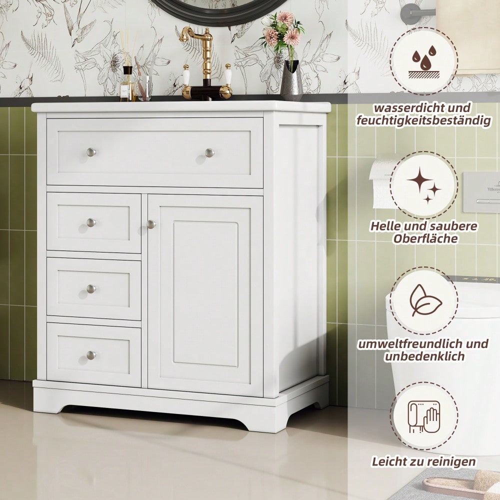 Badezimmer Standschrank mit Keramikwaschbecken, feuchtigkeitsbeständig & geräuscharm, 76x46x87 cm, weiß - inkl. Unterschrank & Klappschublade