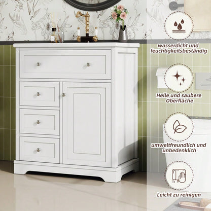 Badezimmer Standschrank mit Keramikwaschbecken, feuchtigkeitsbeständig & geräuscharm, 76x46x87 cm, weiß - inkl. Unterschrank & Klappschublade