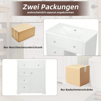 Badezimmer Standschrank mit Keramikwaschbecken, feuchtigkeitsbeständig & geräuscharm, 76x46x87 cm, weiß - inkl. Unterschrank & Klappschublade