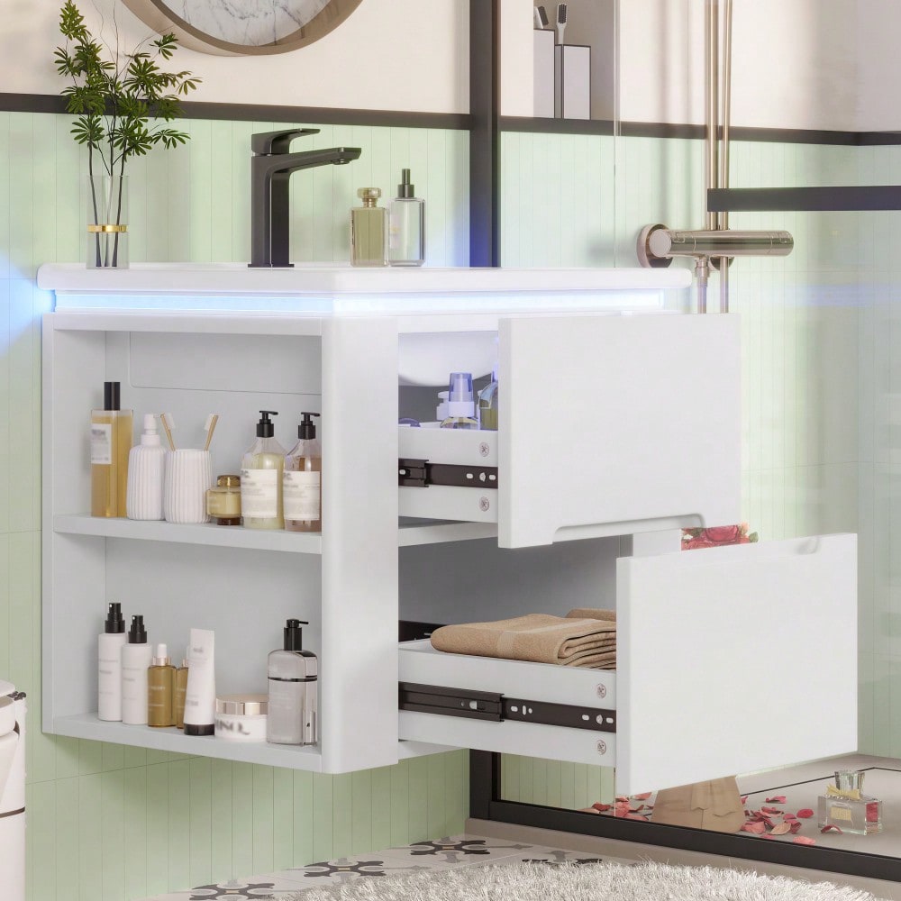 Wandhängender Badezimmerschrank mit integriertem Waschbecken, LED-Beleuchtung mit Radarsensor, 2 Schubladen & seitlichen Ablagen, 61x46x48,5 cm, weiß - inkl. Waschtisch