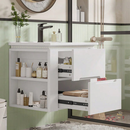 Wandhängender Badezimmerschrank mit integriertem Waschbecken, LED-Beleuchtung mit Radarsensor, 2 Schubladen & seitlichen Ablagen, 61x46x48,5 cm, weiß - inkl. Waschtisch