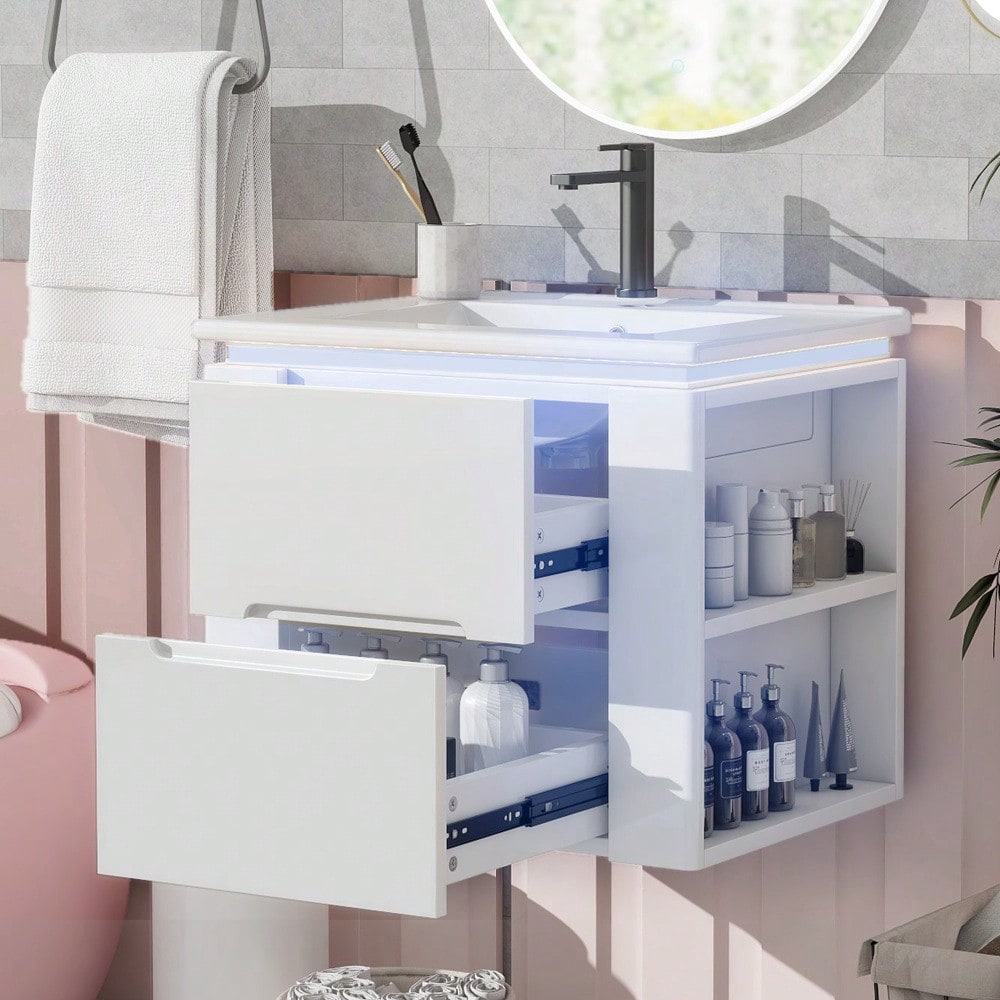 Wandhängender Badezimmerschrank mit integriertem Waschbecken, LED-Beleuchtung mit Radarsensor, 2 Schubladen & seitlichen Ablagen, 61x46x48,5 cm, weiß - inkl. Waschtisch