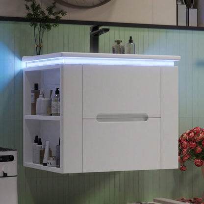 Wandhängender Badezimmerschrank mit integriertem Waschbecken, LED-Beleuchtung mit Radarsensor, 2 Schubladen & seitlichen Ablagen, 61x46x48,5 cm, weiß - inkl. Waschtisch