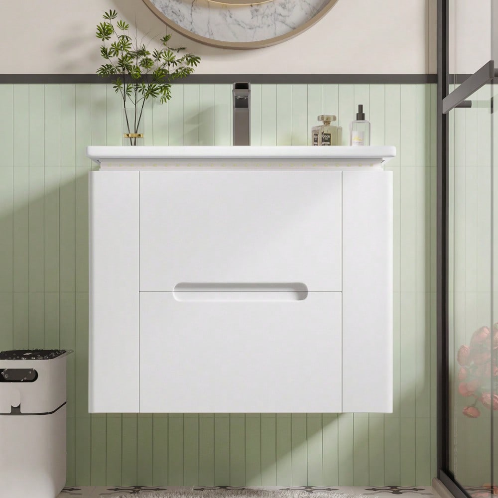 Wandhängender Badezimmerschrank mit integriertem Waschbecken, LED-Beleuchtung mit Radarsensor, 2 Schubladen & seitlichen Ablagen, 61x46x48,5 cm, weiß - inkl. Waschtisch