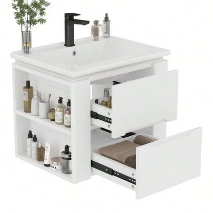 Wandhängender Badezimmerschrank mit integriertem Waschbecken, LED-Beleuchtung mit Radarsensor, 2 Schubladen & seitlichen Ablagen, 61x46x48,5 cm, weiß - inkl. Waschtisch