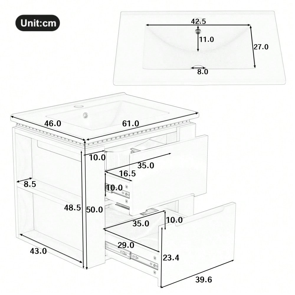 Wandhängender Badezimmerschrank mit integriertem Waschbecken, LED-Beleuchtung mit Radarsensor, 2 Schubladen & seitlichen Ablagen, 61x46x48,5 cm, weiß - inkl. Waschtisch