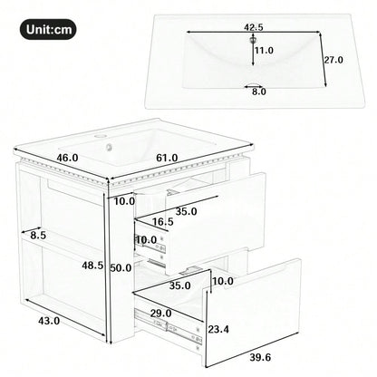 Wandhängender Badezimmerschrank mit integriertem Waschbecken, LED-Beleuchtung mit Radarsensor, 2 Schubladen & seitlichen Ablagen, 61x46x48,5 cm, weiß - inkl. Waschtisch