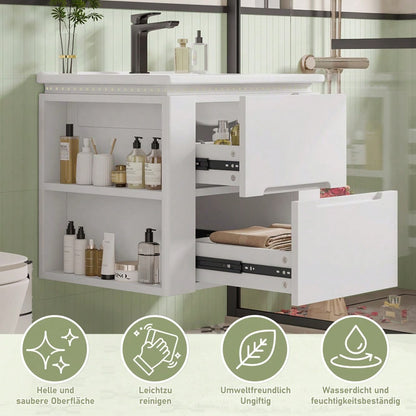 Wandhängender Badezimmerschrank mit integriertem Waschbecken, LED-Beleuchtung mit Radarsensor, 2 Schubladen & seitlichen Ablagen, 61x46x48,5 cm, weiß - inkl. Waschtisch
