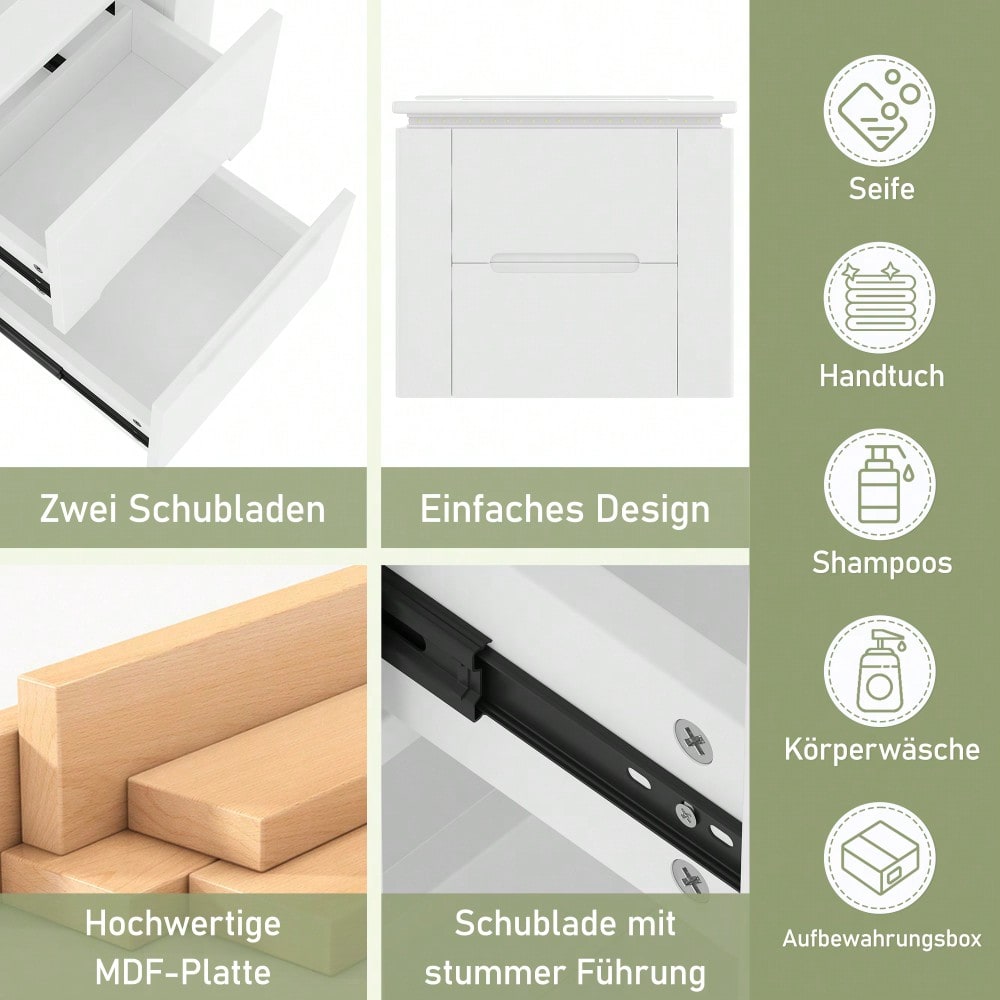 Wandhängender Badezimmerschrank mit integriertem Waschbecken, LED-Beleuchtung mit Radarsensor, 2 Schubladen & seitlichen Ablagen, 61x46x48,5 cm, weiß - inkl. Waschtisch