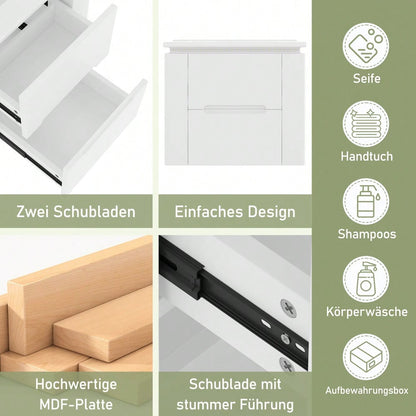 Wandhängender Badezimmerschrank mit integriertem Waschbecken, LED-Beleuchtung mit Radarsensor, 2 Schubladen & seitlichen Ablagen, 61x46x48,5 cm, weiß - inkl. Waschtisch