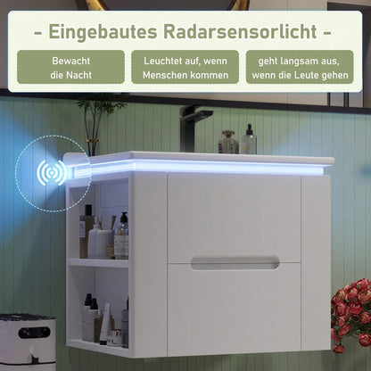 Wandhängender Badezimmerschrank mit integriertem Waschbecken, LED-Beleuchtung mit Radarsensor, 2 Schubladen & seitlichen Ablagen, 61x46x48,5 cm, weiß - inkl. Waschtisch