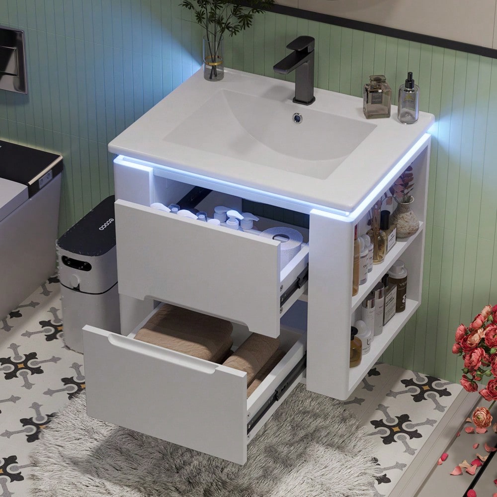 Wandhängender Badezimmerschrank mit integriertem Waschbecken, LED-Beleuchtung mit Radarsensor, 2 Schubladen & seitlichen Ablagen, 61x46x48,5 cm, weiß - inkl. Waschtisch