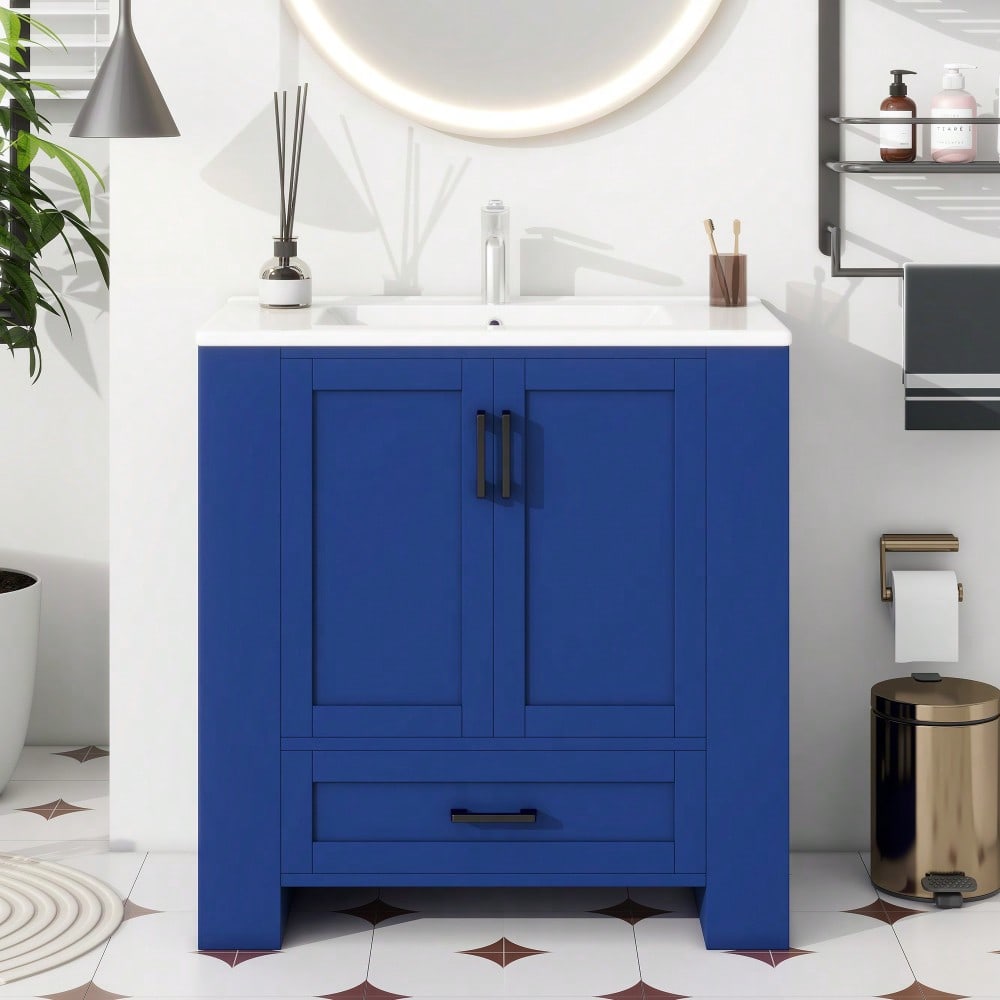Badezimmerschrank mit Keramikwaschbecken, bodenstehend mit 2 Türen & geräuschlosen Schubladen, 76x46x78,5 cm, blau - inkl. Waschtisch & Seitenregalen